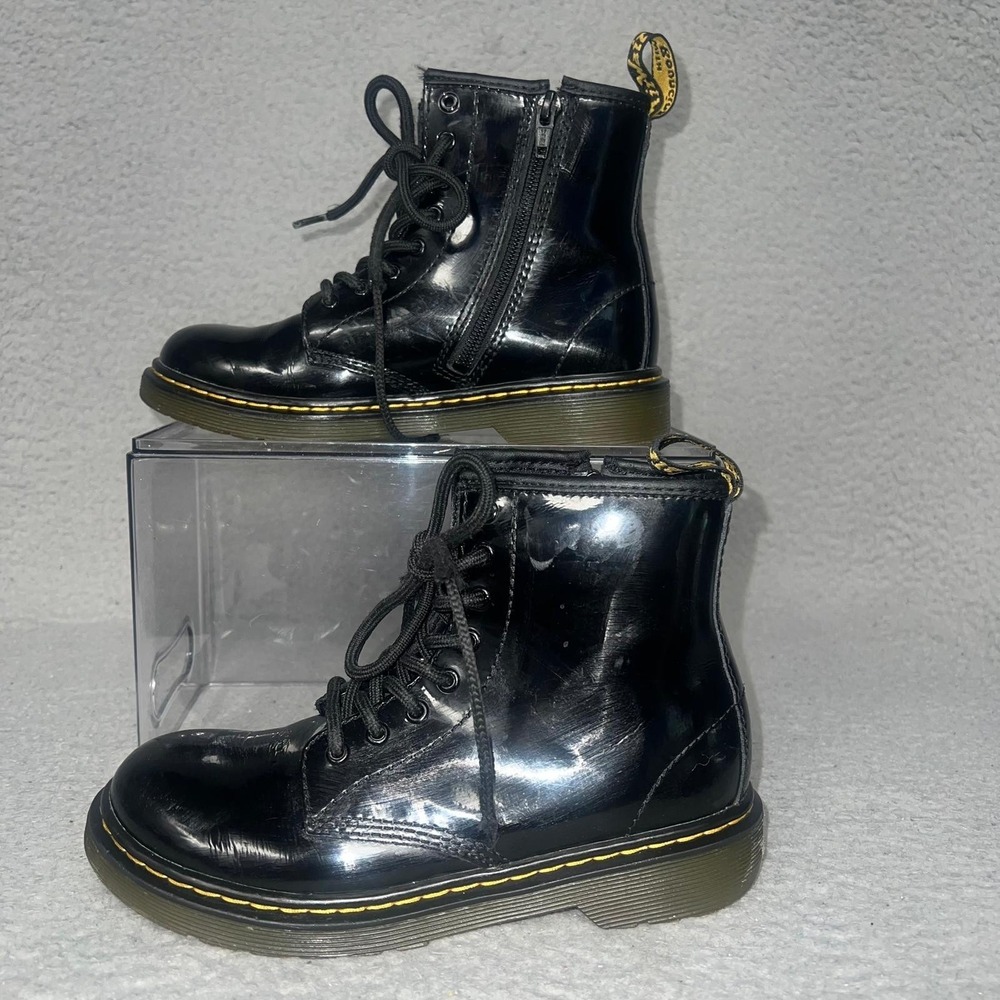 Dr. Martens 1460 J Boots Youth Sz 3 Black Patent Leather Side‎ Zip Lace Up Shoes